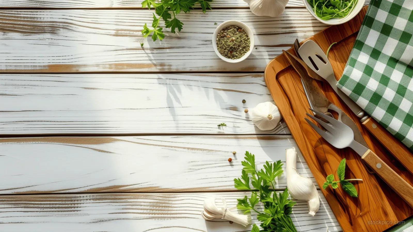 Eco-friendly cooking utensils and herbs arranged on a white wooden table with a green checkered cloth.