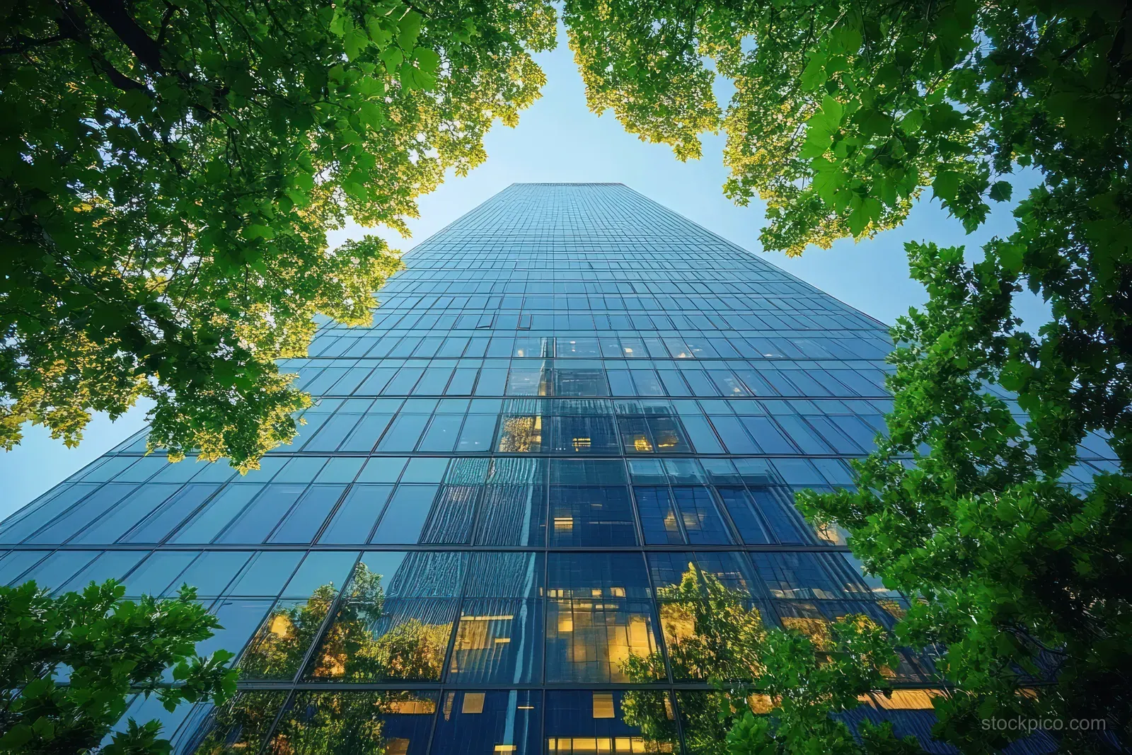 Tall glass skyscraper with reflective facade framed by green tree branches under a clear blue sky.