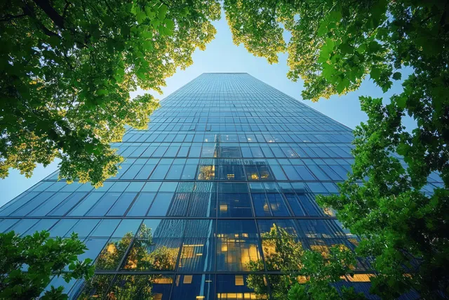 Tall glass skyscraper with reflective facade framed by green tree branches under a clear blue sky.