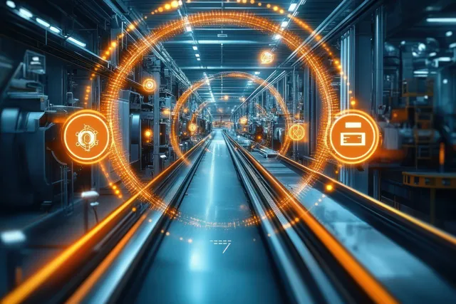 Glowing orange digital interface overlays frame a robotic production line inside a high-tech factory corridor.