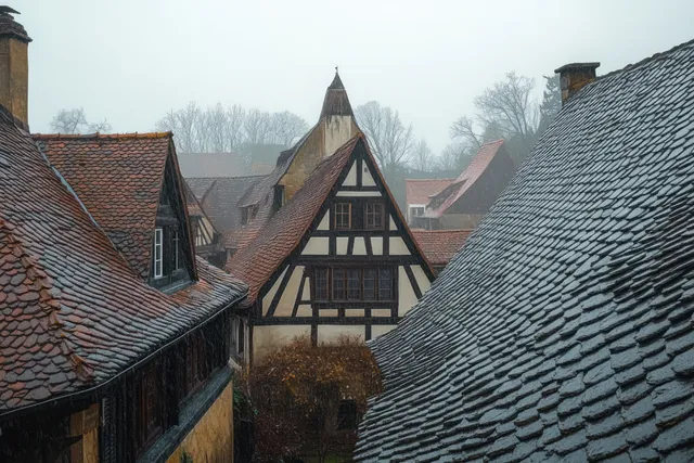 Misty Tudor rooftops and half-timber facades fade into an overcast grey sky in a quiet European village.