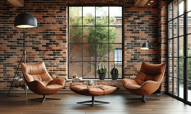 Modern loft office seating by brick wall, leather armchairs, coffee table, large windows light