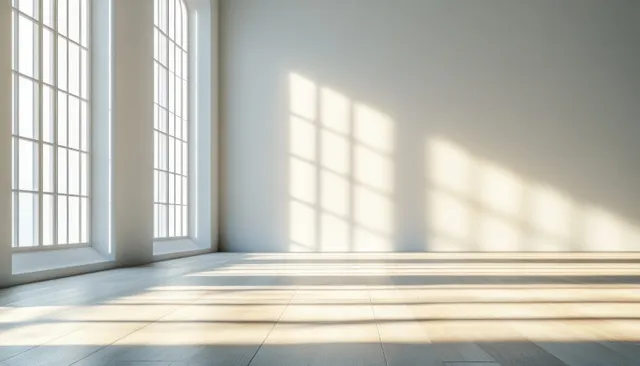 Sunlight streams through tall arched windows, casting long shadows on a light wooden floor in an empty room.