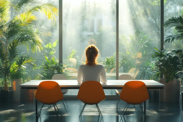 Cheerful businesswoman smiling during a modern office meeting with large window light