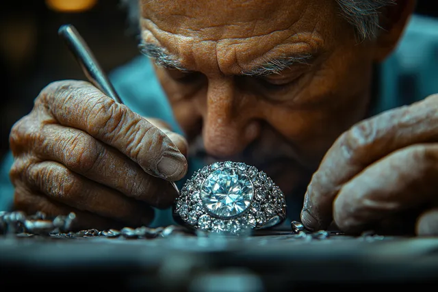 A jeweler sets a diamond cluster into a ring with fine tools at a workbench under focused light.