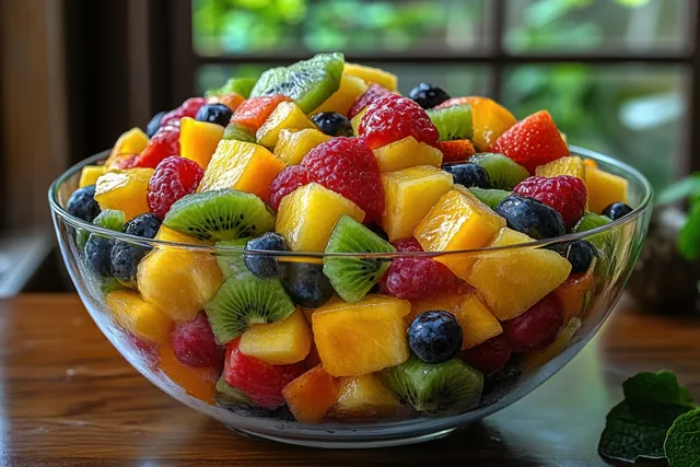 A vibrant fruit salad bowl filled with tropical fruits and fresh berries, beautifully lit in natural light.