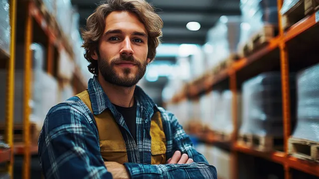 Warehouse worker standing with arms crossed inside distribution facility near metal shelves