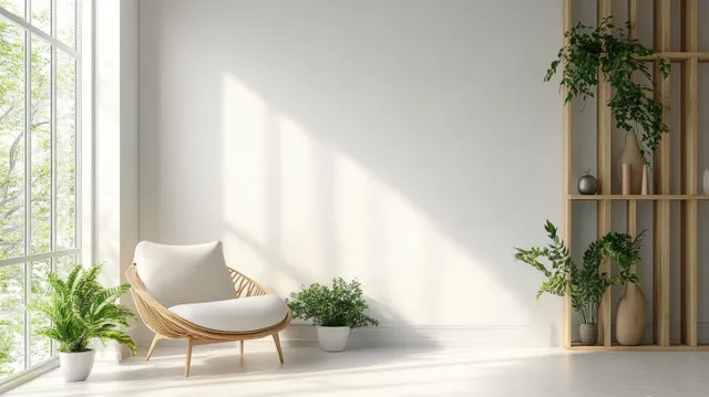 Sunlit minimalist living room with a light armchair, potted plants, and pale walls with window light.