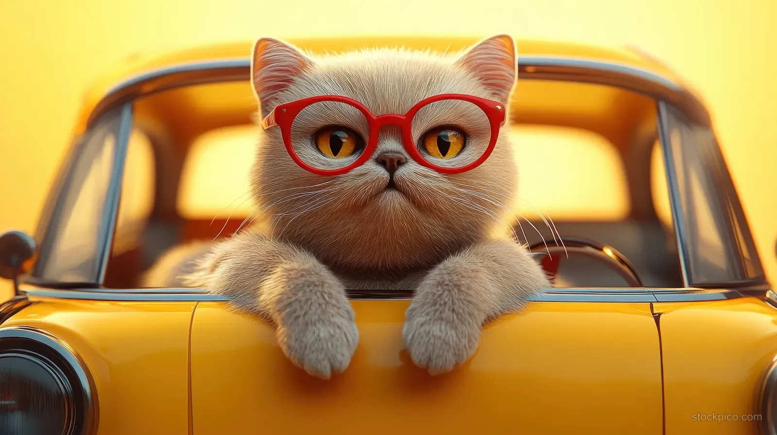 Fluffy tabby cat with red glasses leans out of a yellow vintage car window in warm sunlight.