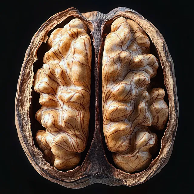 Walnut halves with textured kernel inside a cracked brown shell photographed against a dark background.