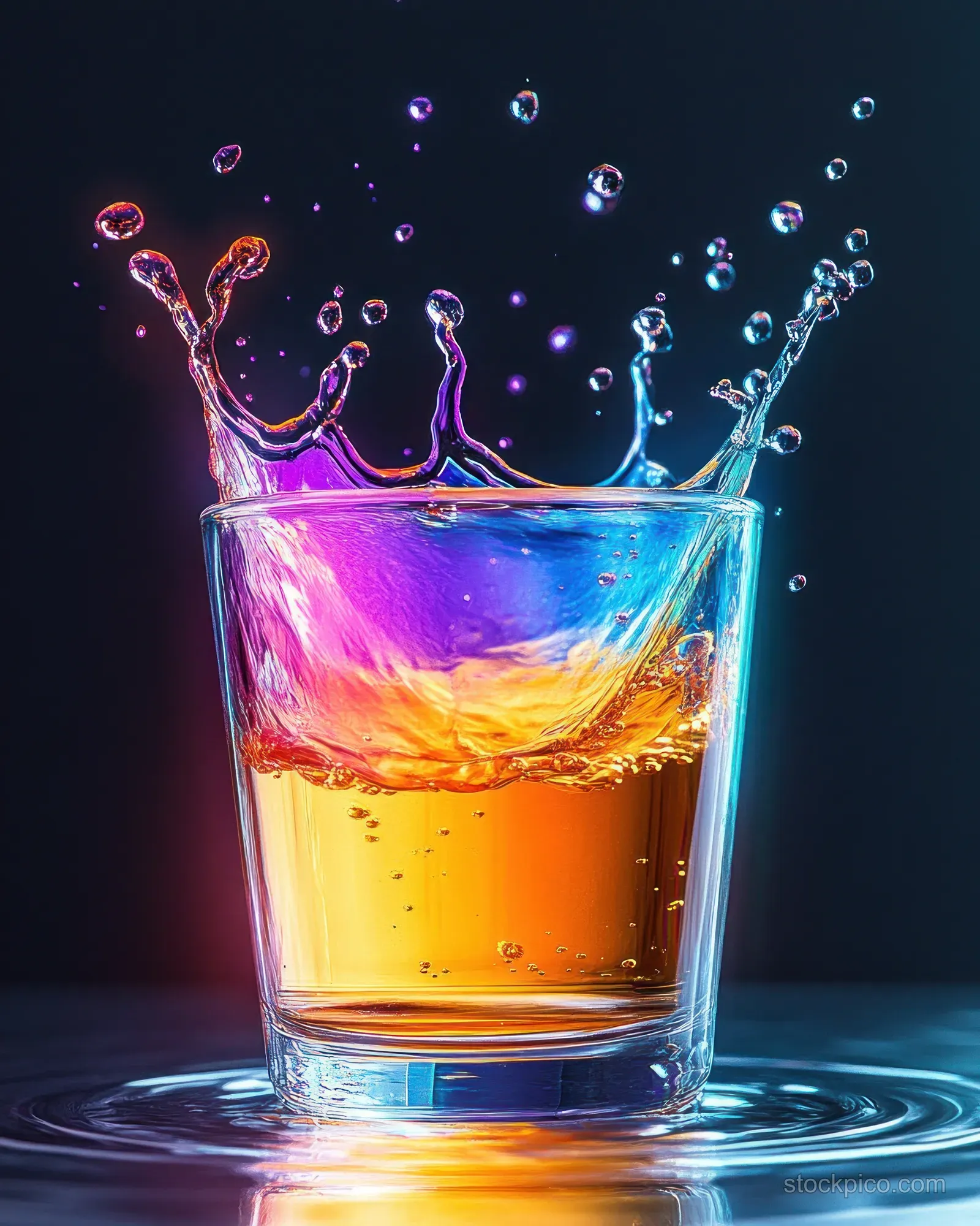 Colorful liquid splash bursts upward from a clear glass filled with amber drink against a dark background.