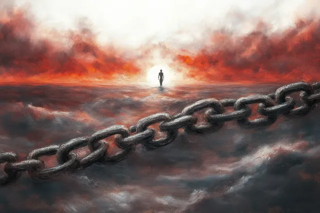 Silhouette figure walks toward a radiant light beyond storm clouds, chained barrier stretching across
