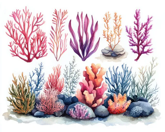 Watercolor illustration of colorful coral reef sea plants and seaweed growing from rocks underwater.