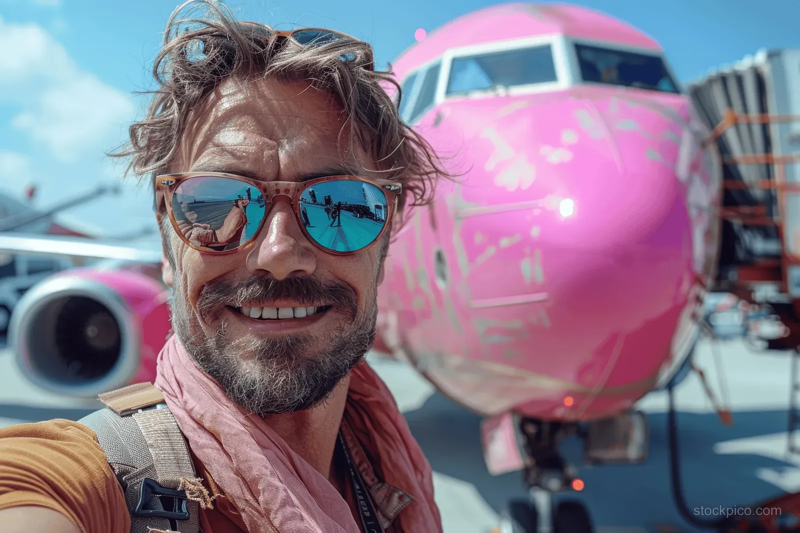 A smiling traveler takes a selfie beside a bright pink airplane at an airport terminal.