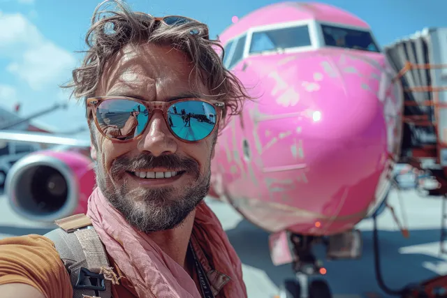 Smiling traveler taking a selfie beside a pink airplane at the airport terminal