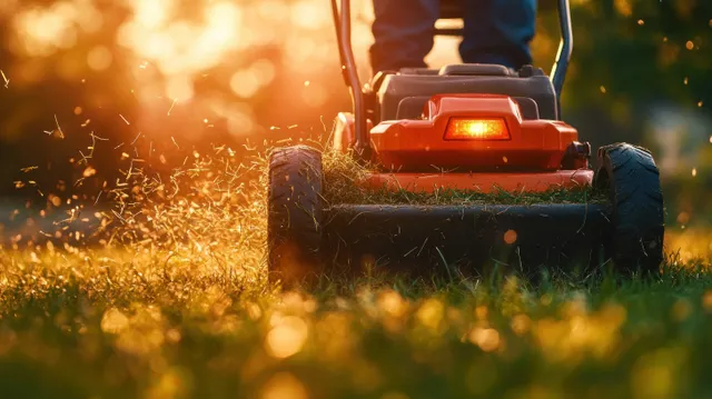 A person mows grass with a lawn mower in a sunny backyard, with clippings catching golden light.