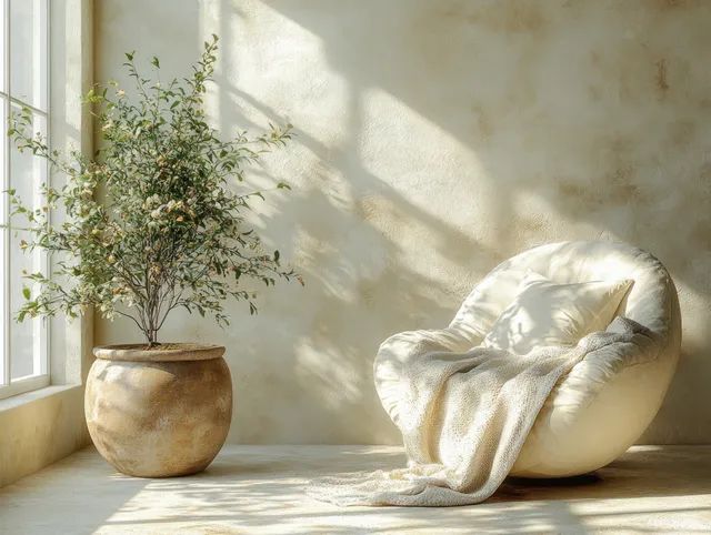 A rounded armchair with a throw blanket sits beside a potted plant in a sunlit minimalist room.