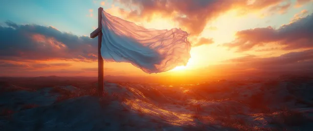 Wooden cross silhouette against sunset sky, flowing cloth ribbon and soft cloud glow