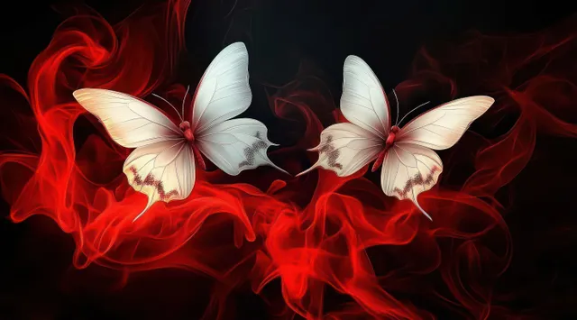 Two white butterflies with red speckles flutter through swirling red smoke over a dark background.