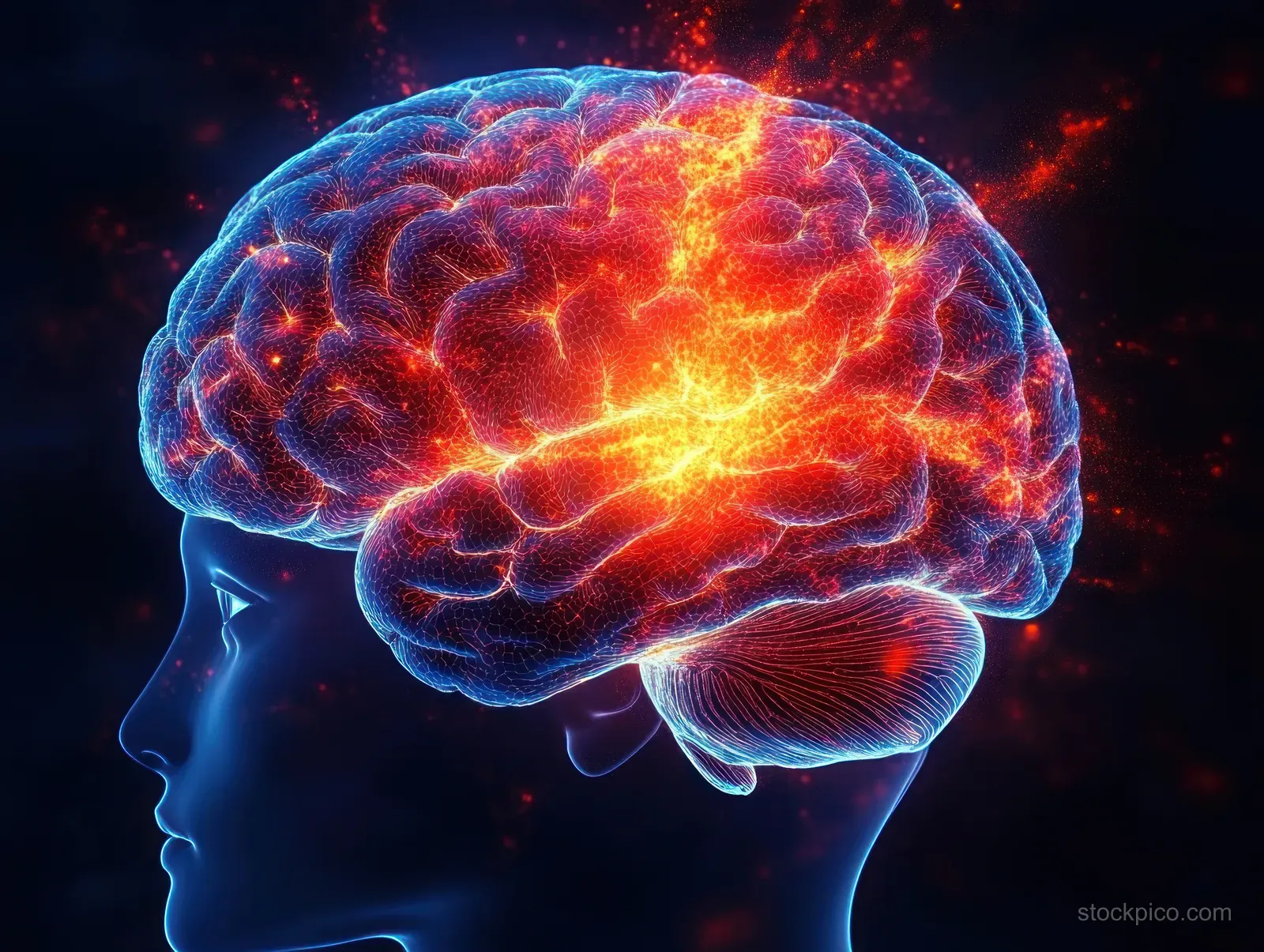 Side profile human head silhouette with a glowing fiery brain and branching neural sparks across a dark background.