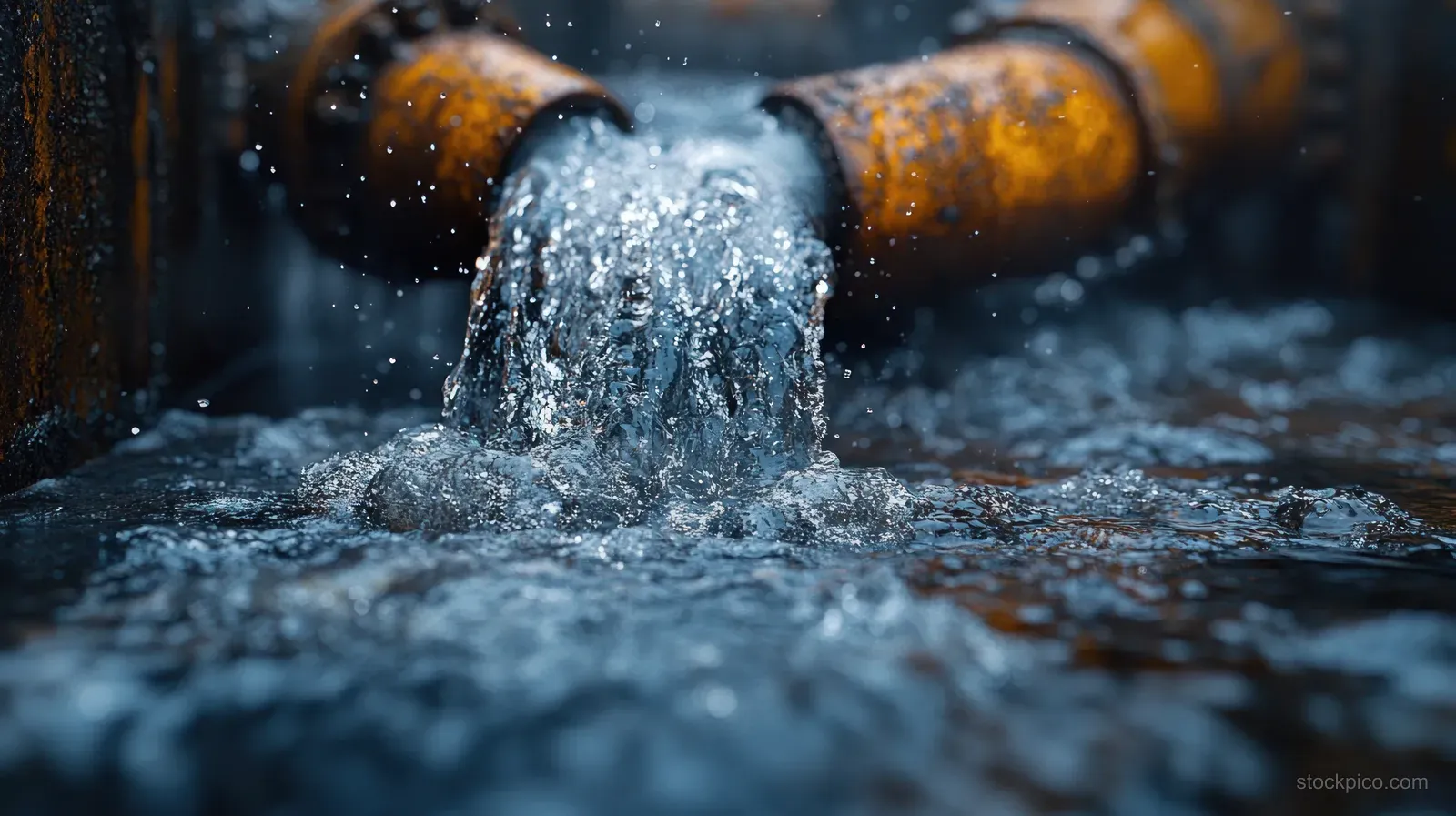 A burst pipe sprays water onto a wet street with visible droplets and expanding puddles.