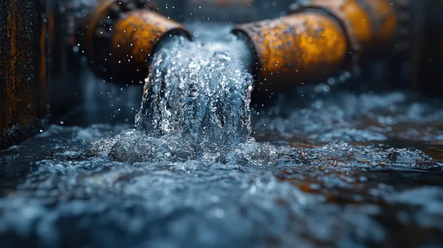 A burst pipe sprays water onto a wet street with visible droplets and expanding puddles.