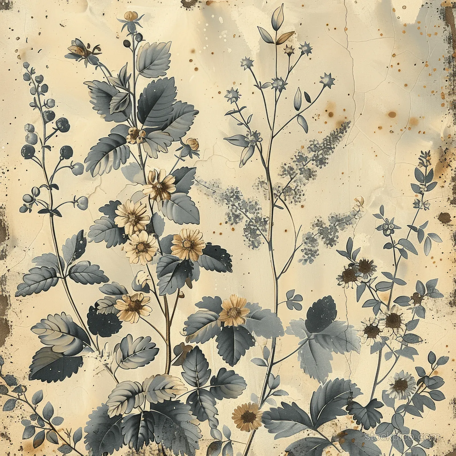 Gray wildflower and leaf botanical illustration with scattered stems on a distressed parchment background.