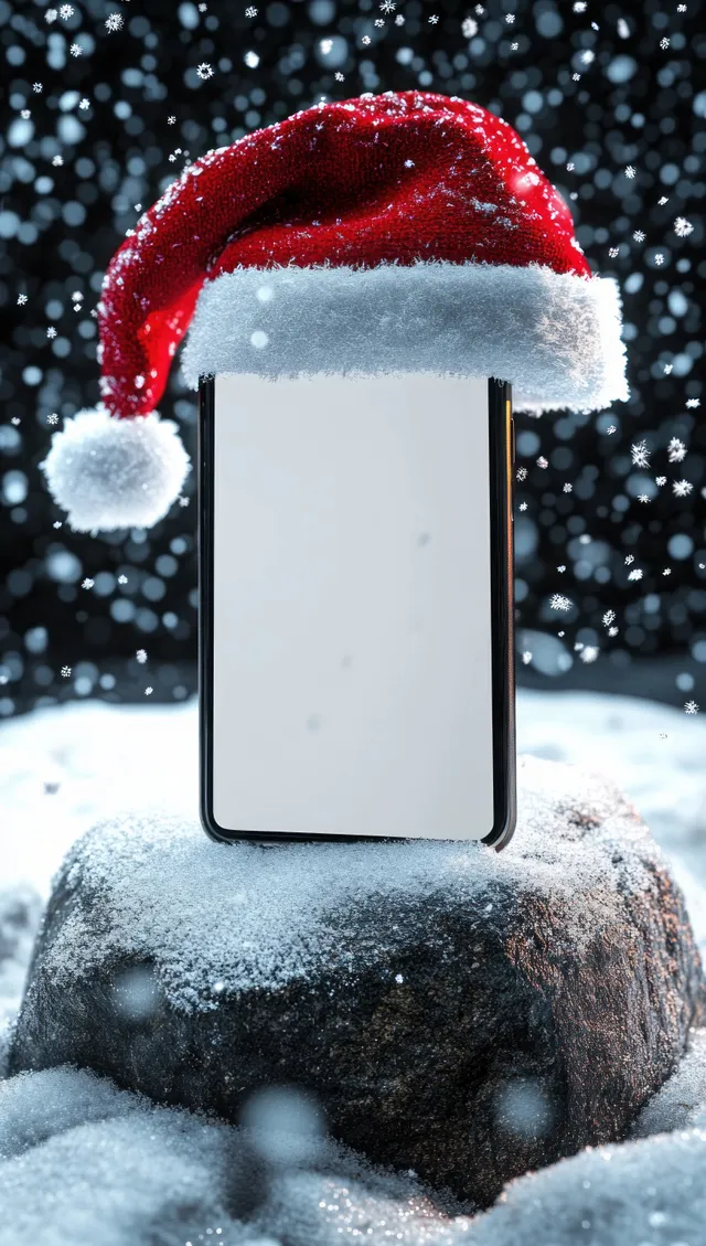 A smartphone wearing a red Santa hat on a snow-covered rock with falling snowflakes in the background.