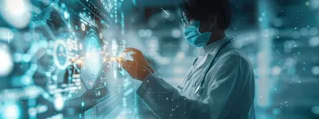 A doctor silhouette in a futuristic lab studies glowing AI medical data holograms above hospital lights.