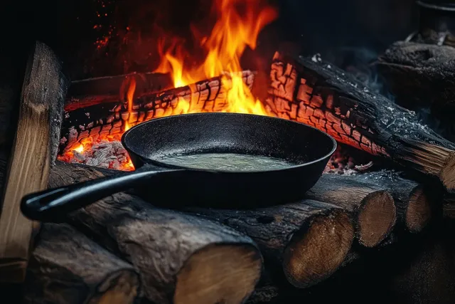 Una sartén negra de hierro fundido chisporrotea con aceite sobre llamas brillantes en leños, en una cocina rústica con fuego.