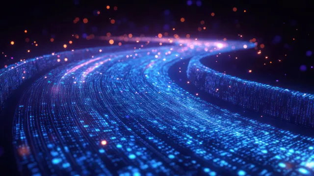 Cyberpunk data highway with glowing binary river flowing into a neon blue horizon