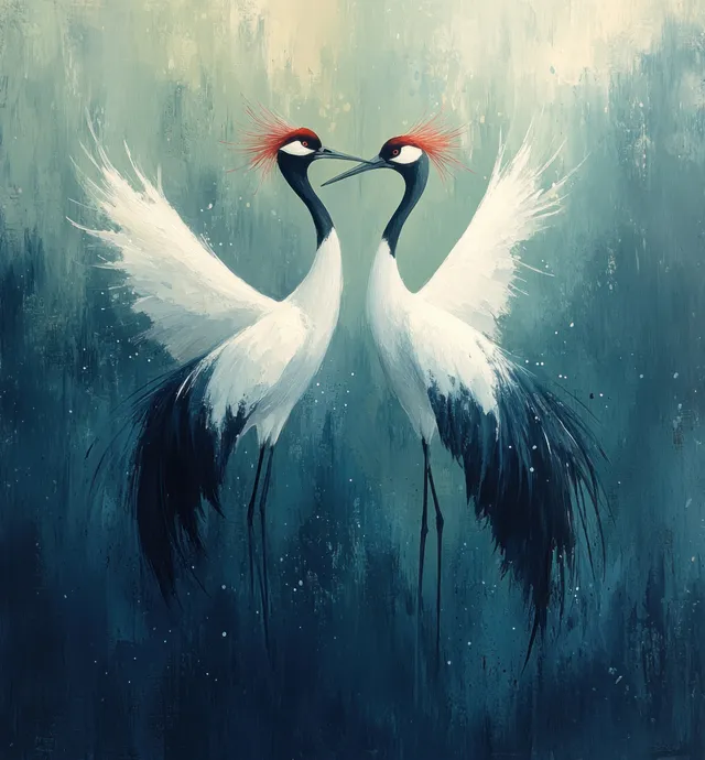 Two red-crowned cranes dance in watercolor sky, wings spread with soft mist background