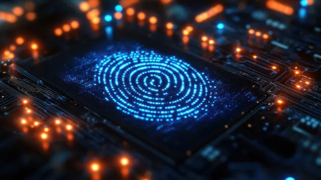 A glowing blue digital fingerprint scan on a server interface with surrounding network circuitry lights.