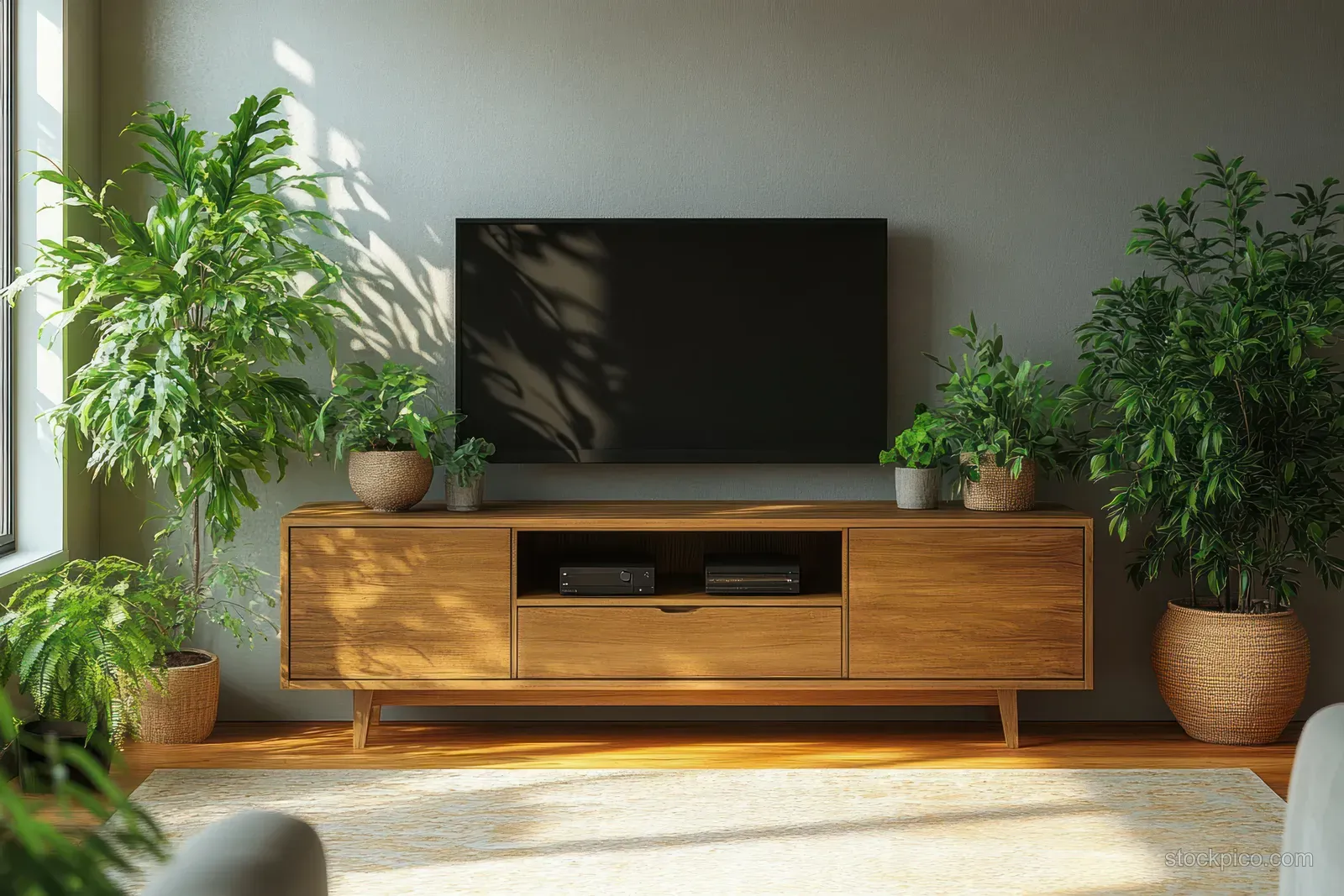 Minimalist living room with a wood TV console, leather sofa edge, and several potted plants by the wall.