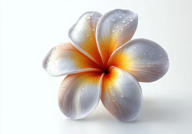 Close-up of a plumeria flower with white and orange petals covered in water droplets on a bright white background.