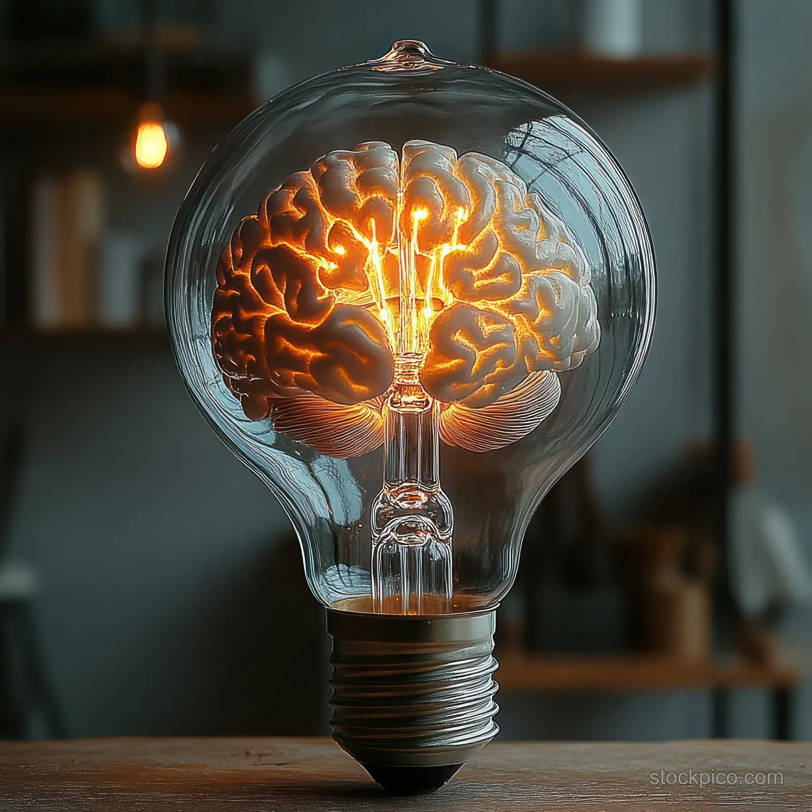 Glowing light bulb with a brain-shaped filament inside, sitting on a wooden table indoors.