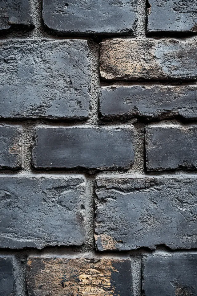 Close-up view of an aged dark gray brick wall with rough texture and brown and black weathered stains.