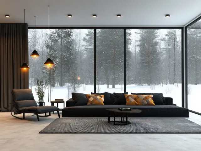 Black sofa in a minimalist living room with pendant lights and a snowy forest view through large windows.
