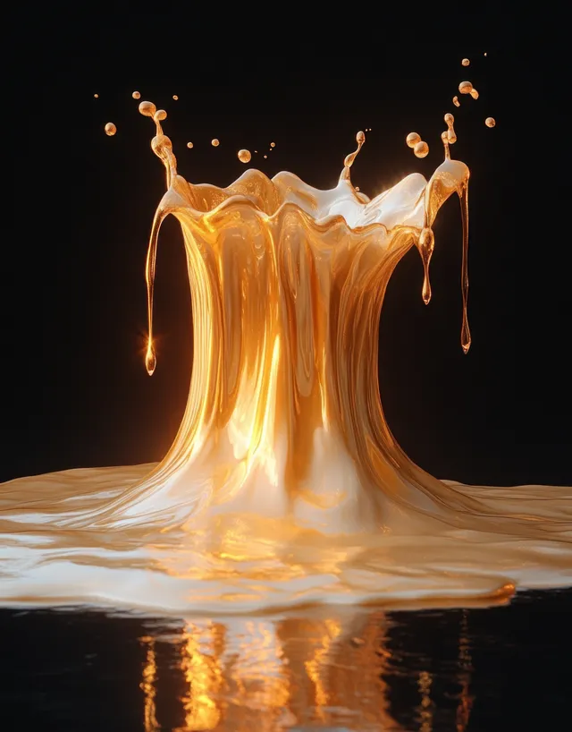 Golden oil capsule halves dripping in slow splash on clean white background