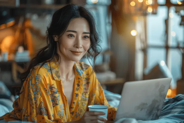 A middle-aged Asian woman sits on a bed using a laptop and holding a coffee cup in her bedroom.