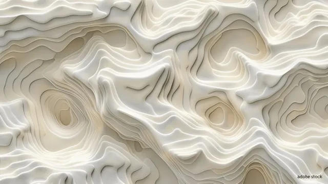Grayscale topographic relief displays flowing contour lines across ridges and valleys with raised texture.