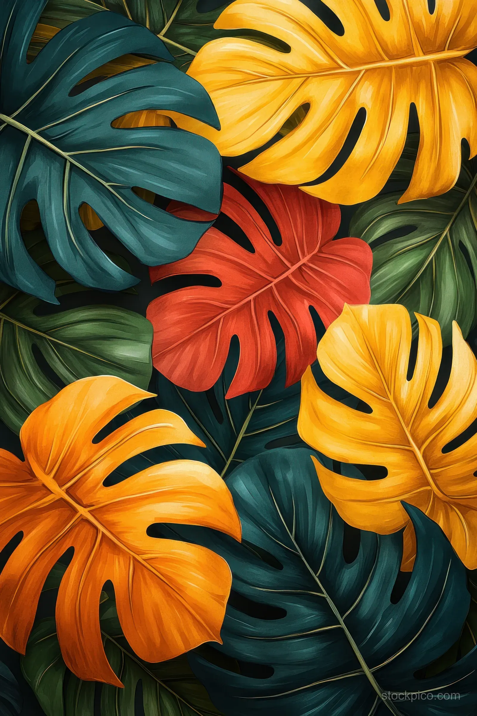 Colorful tropical leaves overlap on a dark green jungle background.
