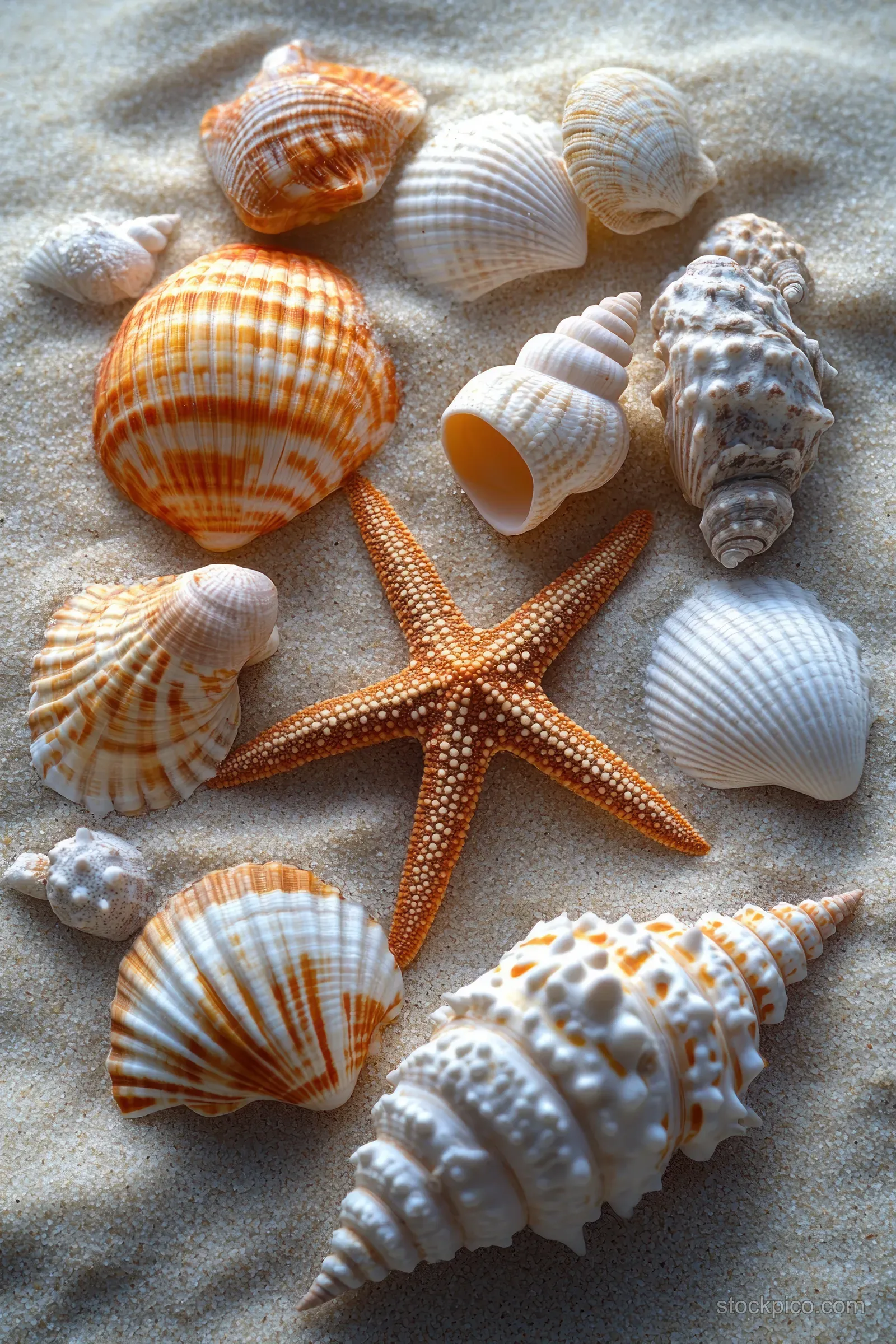Seashells and a starfish arranged on wet sandy beach beside soft ocean foam.