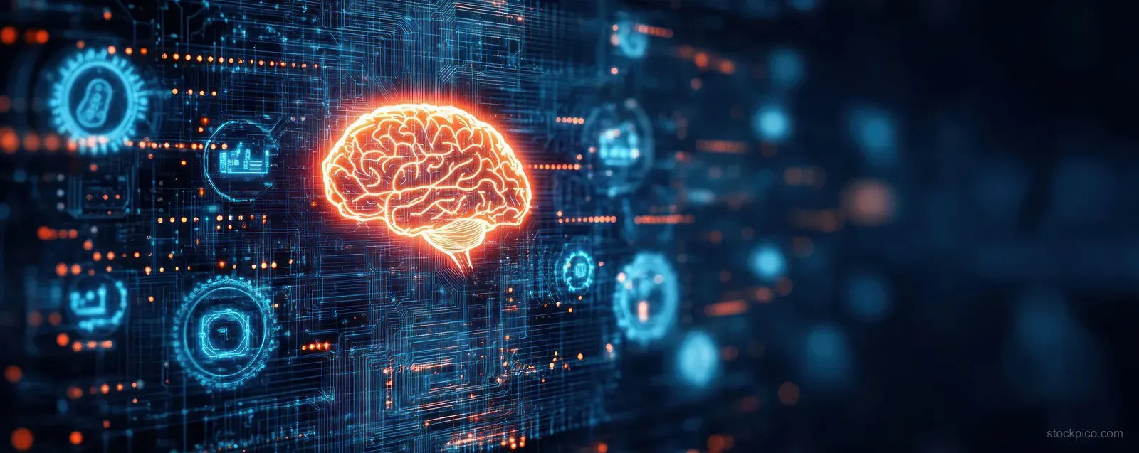 An orange glowing digital brain hovers over blue circuit patterns and connected data nodes.