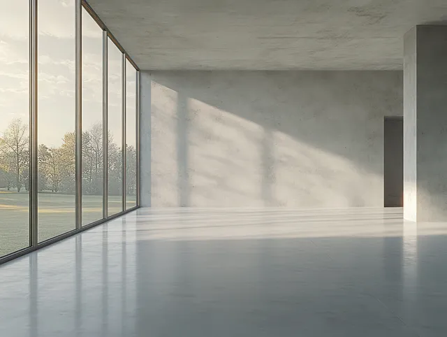 Minimalist concrete room with floor-to-ceiling windows and sunlight shadows on a polished empty floor.