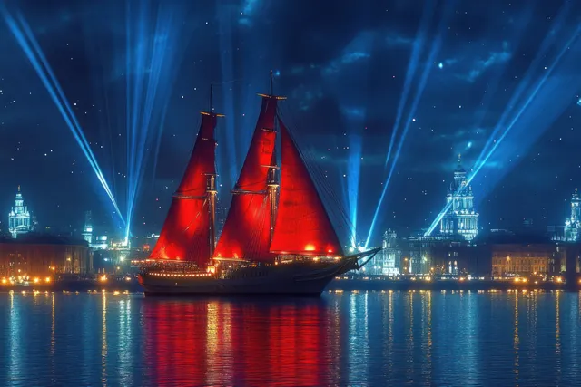 A sailing ship with glowing red sails floats on calm water at night with a city skyline and blue spotlights.