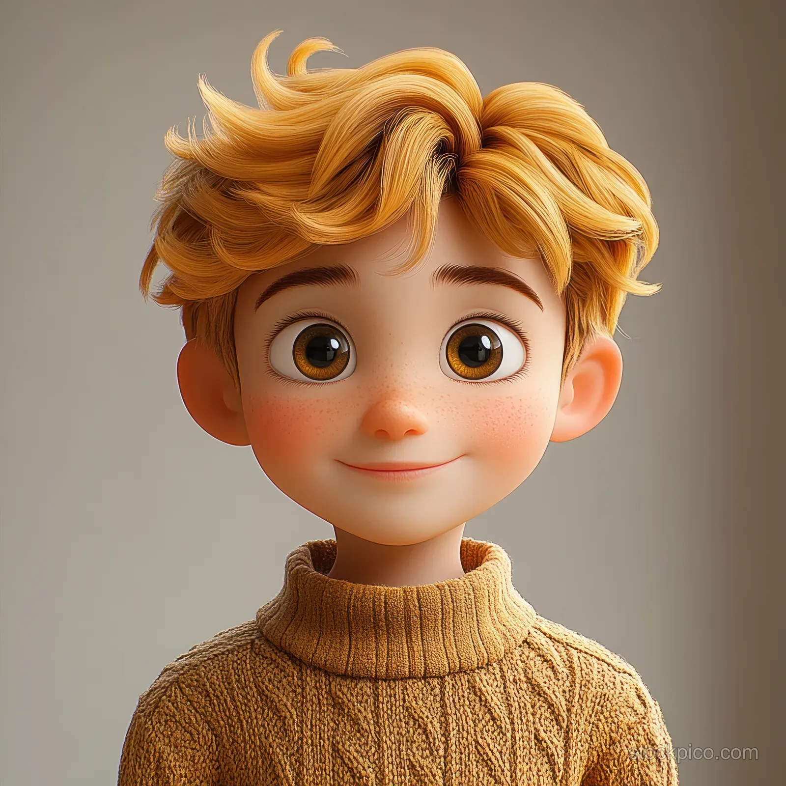 A young boy with amber curly hair smiles gently in a mustard knit sweater against a soft neutral background.