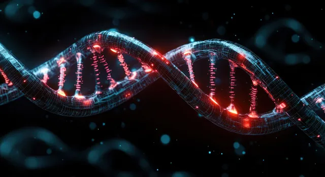 A glowing DNA double helix with red and blue illuminated segments floats on a dark background of data specks.