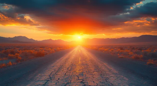 Cracked desert highway stretches into the horizon under a glowing orange sunset sky.
