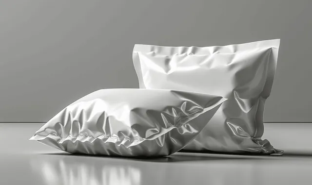 Blank silver plastic foil snack pouch mockup with front and back views, glossy creases on a transparent background.